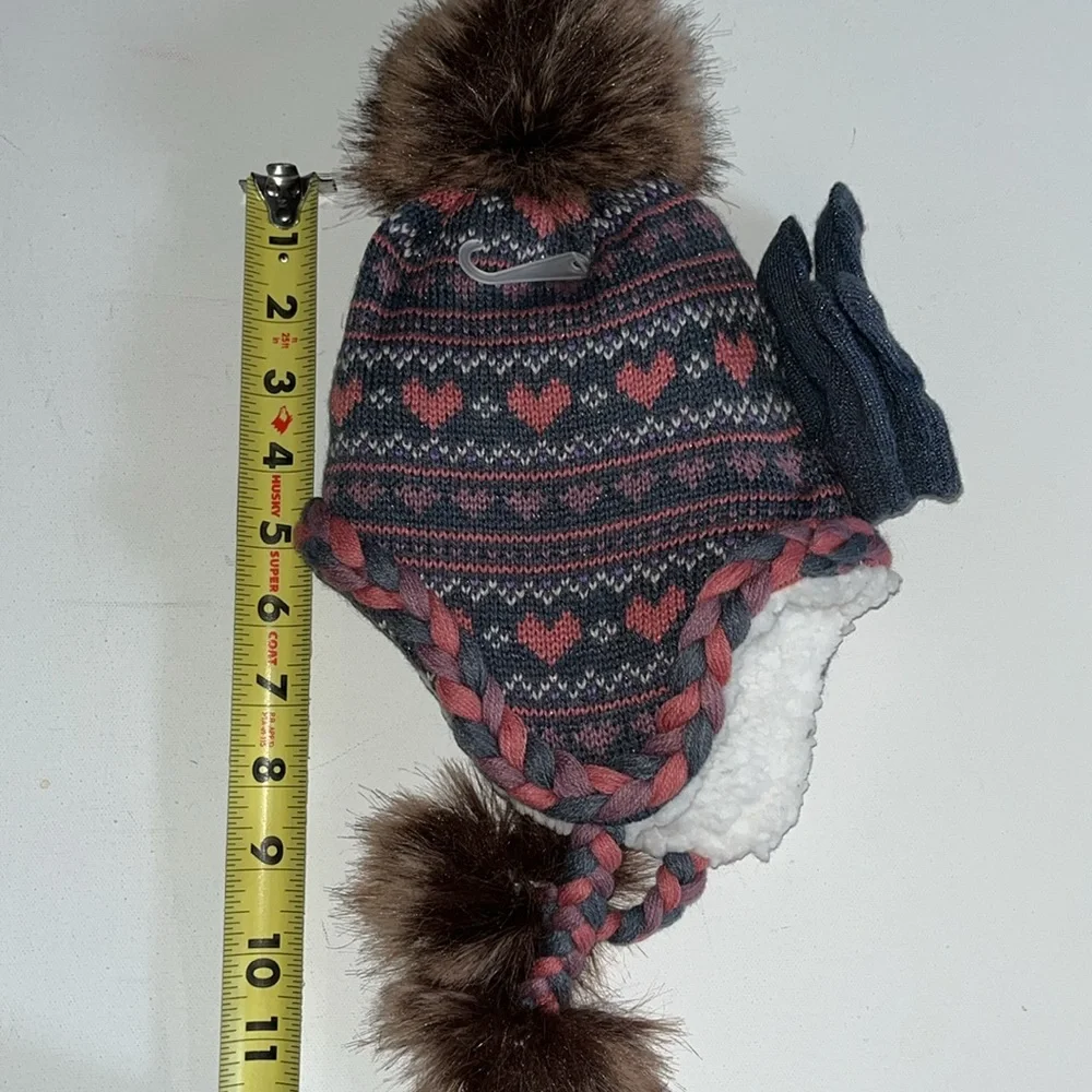 Baby Girl Infant hat with fur trim sherpa lining and 2 mittens gloves heart set